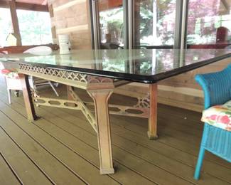 Beveled Glass Top (95" long x 47" w) with Ornate wood base and Marble Top Support, 