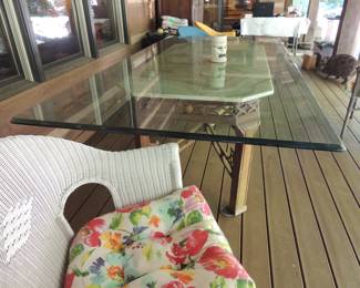 Beveled Glass Top (95" long x 47" w) with Ornate wood base and Marble Top Support, 