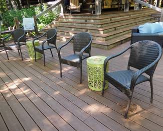 Frontgate Gate Curved Back Stacking Chairs, Set Of Four, Yellow Barrel Metal Outdoor Side Table with Lace Cut Design