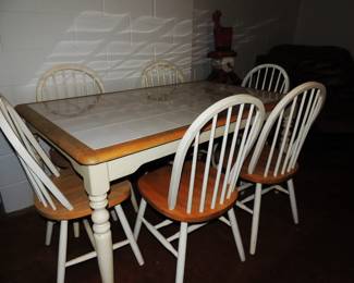  White Tile Top Dining Table and 6 Bent wood  spindle chairs,