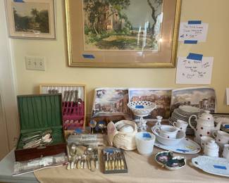 Signed eitching , milk glass,China , sliver multi sets , Waterford crystal , depression glass and water color print paintings by jr hamil