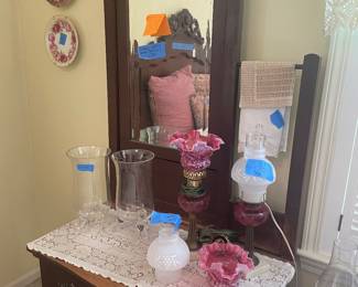 1800’s wash stand , Victorian lamps with globe cherry tops, marble base,  