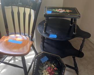 Ethan Allen giving chair , unique side table, quilts , tin tray 