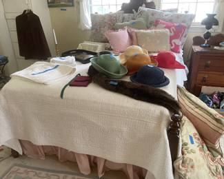 1880’s bed all beds come with custom mattress , beautiful flower bedding , vintage hats, clothing, scarfs and purses 