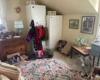 Wicker, wood chairs and stools, beautiful dressing table, large flower well made rugs, fans, wall art & photos 