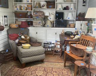 Large collection of baskets and lamp shades , 1880’s drop leaf table , unique side table, 
