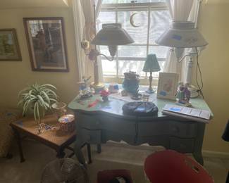 Beautiful pair of unique metal lamps 1960’s , beautiful green desk /vanity , shelves, set of original charmen baby prints in original packaging 
