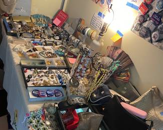 Vintage purse, Harley, brooches and bags, kate spade and leather, vintage belts , campaign buttons, books 