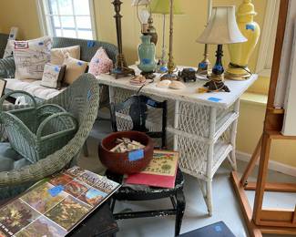 Beautiful wicker table., art supplies, unique antique lamps 