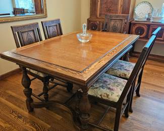 Antique Carved Wood Dining Table w/ Six Chairs