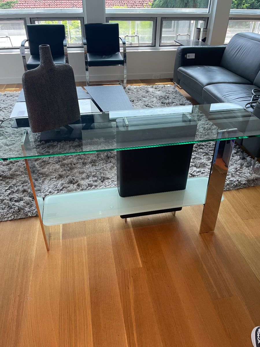 $80 Modern Glass Top and frosted glass console table. 52”w X 16”d X 29.5”h.