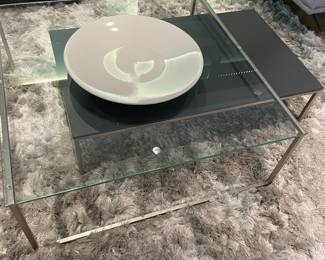 $340 Two piece nesting coffee table with glass and lacquer . Glass piece is 36” x 36” x 14”h. Nesting piece is 40.5w X 23.5d X 10”h.