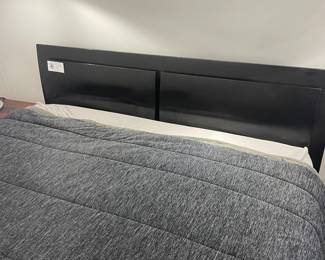 $220 Black lacquer queen platform bed. Headboard is 62.5”w X 35.5”h