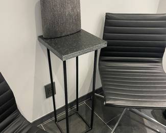 $90 Polished granite and metal table. 12”sq. X 37” h.