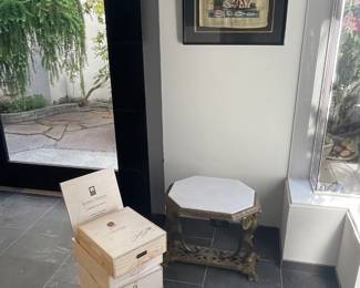 Wine boxes, Antique table, an art available for in person purchase