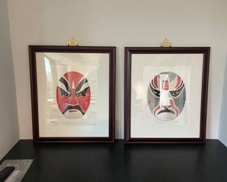 $180 pair of Chinese embroidered opera masks. 16”w X 19”h