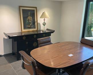 Overview of Asian influenced console table and Eames Dining table and chairs.