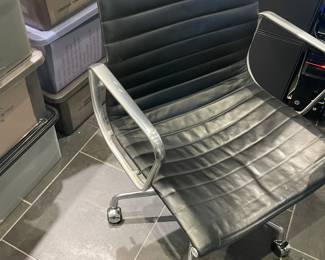 $800 Eames swivel desk chair. Original leather. 27”w at the wheel base chair is 23”w X 21”d X 41”h.