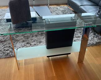 $80 Modern Glass Top and frosted glass console table. 52”w X 16”d X 29.5”h.