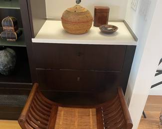 $120 Curved wood bench. 29.5”w X 14.5”d X 22.5”h. Items shown in the background are available for in person purchase only.