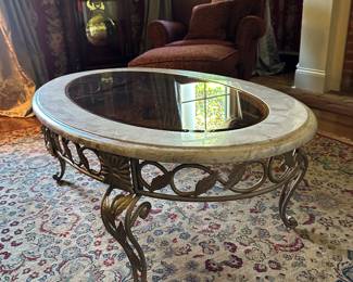 Iron, Marble and Glass coffee table. Rug also available. 