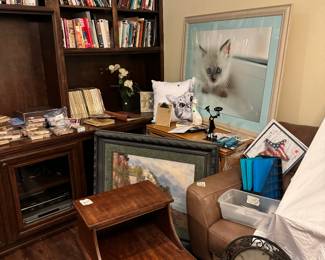 Night stand, cat picture, cat pillow, artwork, office supplies, stamps collections- from stamping up. 