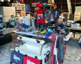 Golf clubs, tennis rackets, pelican cooler, igloo, home brew equipment, pool gear, folding wagon, , baseball bat, real cast iron pots and pans, pain sprayer, bike helmets, lots of great items! 