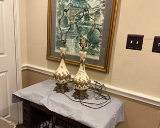 Vintage lamps cream and gold, artwork . 