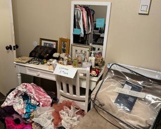 Chair, Upulsrty fabric, white desk with mirror and chair, costumes. 