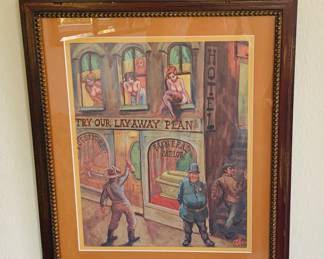 Old west brothel prints of paintings made by Alan H. Woods. Prints are on heavy linen style paper. These prints are of painting commissioned by Don May for the famous Leilani Hut restaurant in Long Beach, California.