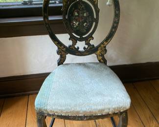 $60; Antique side chair with inlay, Oriental style. Seat 16.5” wide; 14” deep; height to seat 17.5”; height to back 36”. Delicate, decorative purposes only. 