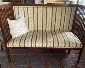 $400; Antique settee with spindles (possibly from the Mayo family): 49.5” wide; 21” deep; 17” to seat, 38” top of back (not including spindles); 19” seat depth. 