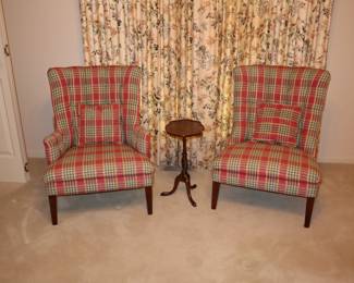 Front bedroom a pair of slipper chairs in great plaid to go with other patterns, Tiny mahogany table.