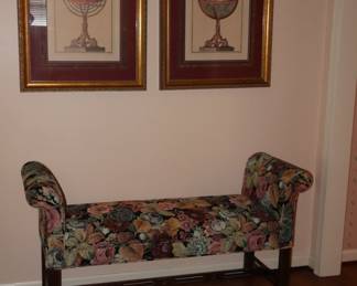 Upholstered bench w/arms in tapestry, entrance to den