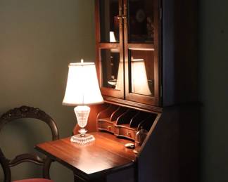 Handcrafted mahogany secretary by Ned Penney with small Victorian armless chair