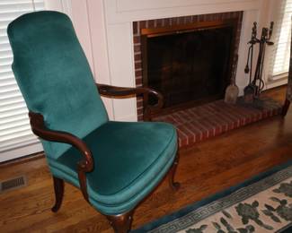 Beautiful green velvet high back chair w/ mahogany frame c. 1970