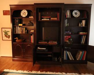 Three modular units, 2 bookcases and center entertainment, mahogany c. 1993