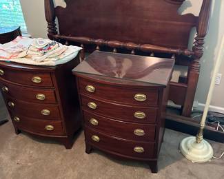 Queen sized bed headboard and footboard with frame and two matching night stands