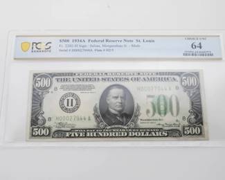 1934A Graded 64 $500 Bill. BidLIVE https://bid.houseofcraven.com/