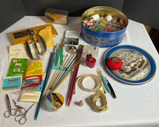 Vintage Sewing Lot including Antique Rug Hook, Wooden Spools More