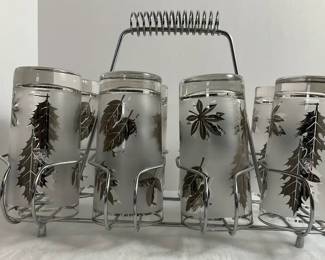 Vintage MCM Libbey Silver Leaf Tumblers Metal Caddy