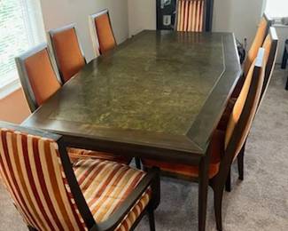 Custom dining table with extra leaf made in 1970.  Mid Century style velour upholstered chairs
