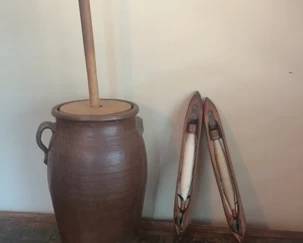 Ceramic Butter Churn 3PC And Wood Fabric Spools
