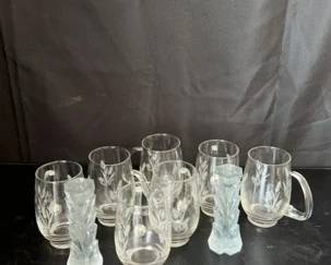 Mid Century Vintage glass cups etched with wheat design 