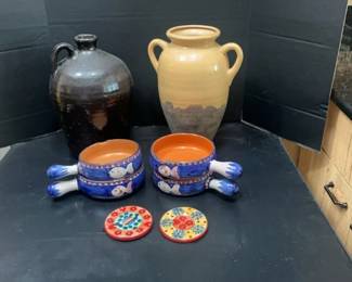 Two Crocks, 4 Terra Cotta Like Bowls With Handles, 2 Ceramic Coasters