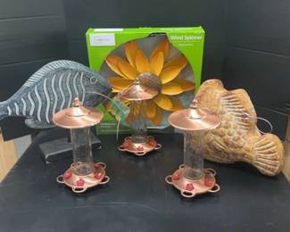 Hummingbird Feeders3, Sunflower Windspinner, Concrete Fish Planter, Wood Fish On Stand