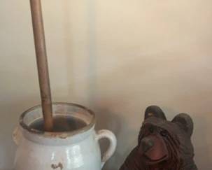 Vintage Butter Churn And Carved Wood Statue 