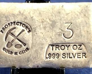 3 oz .999 Silver Bar Prospectors Gold and Gems
