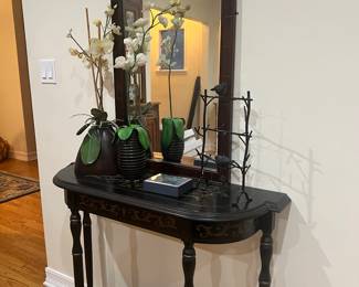 one of two side tables and decor mirror