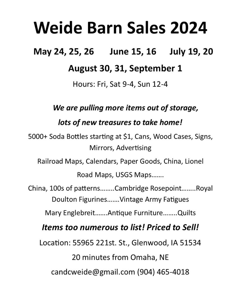 Weide Barn Sale in Glenwood, IA starts on 5/24/2024